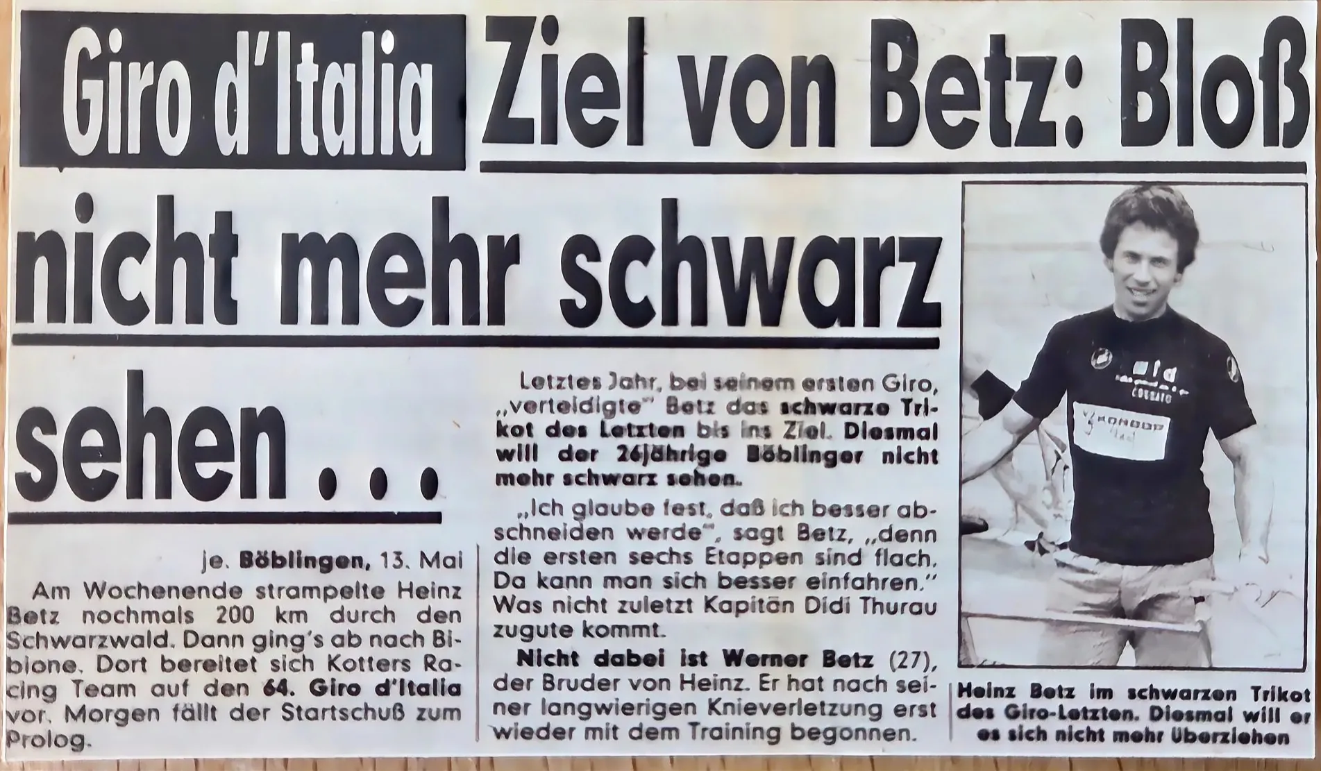 Zeitungsausschnitt von 1981: Ziel von Betz – bloß nicht mehr schwarz sehen